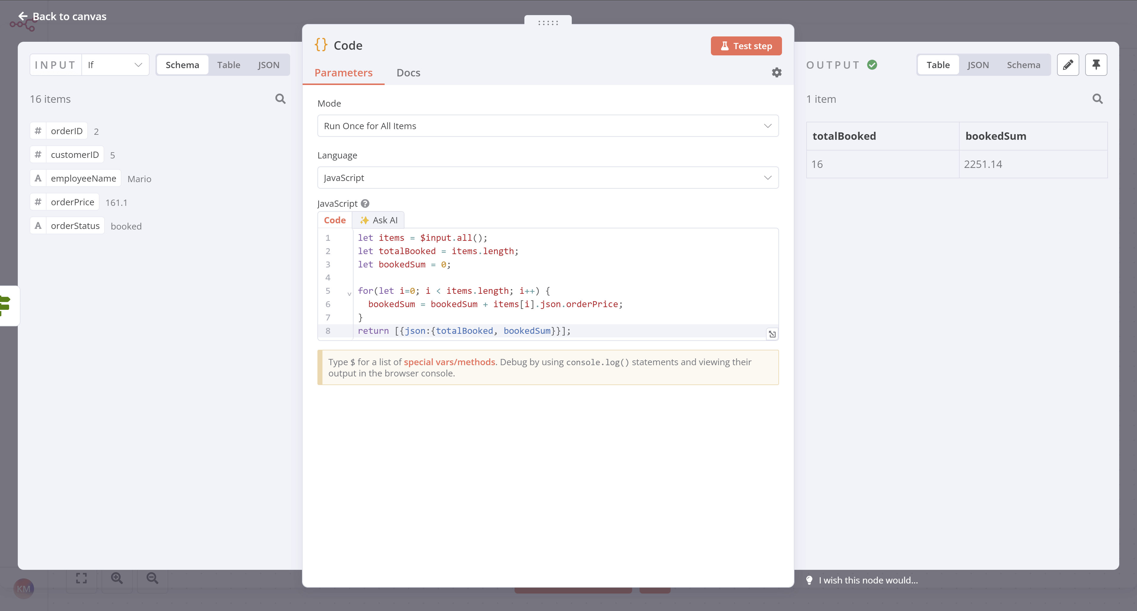 Code node output